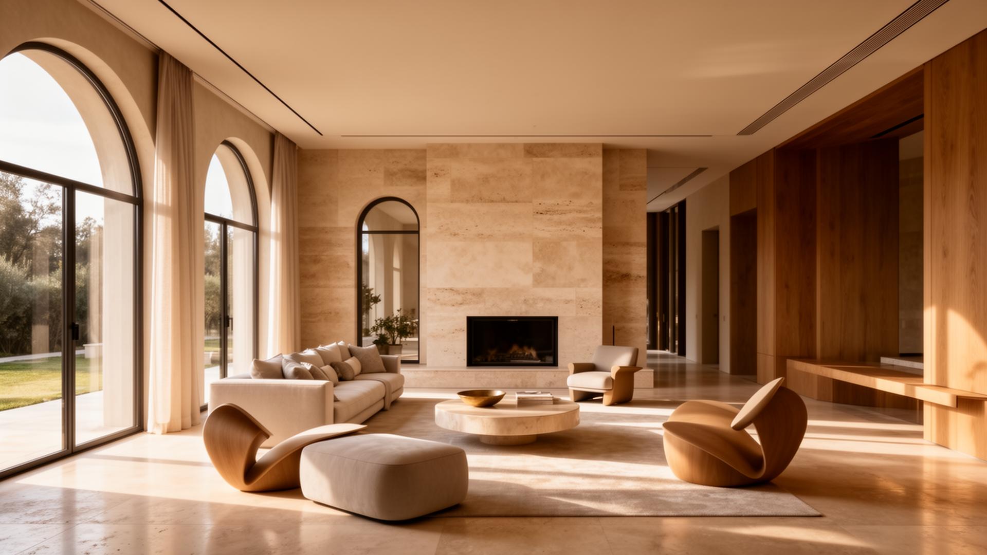 Luxury villa interior with warm sunlight